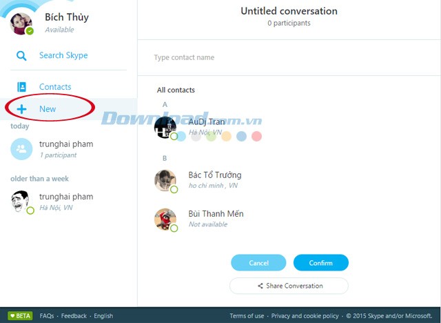 Nhấp vào New để tạo một cuộc hội thoại mới trên Skype