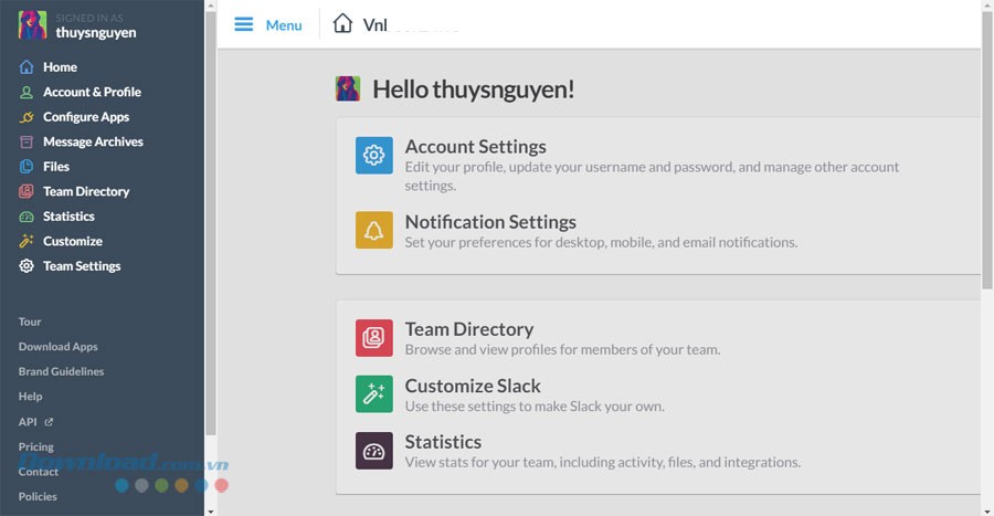 Giao diện ứng dụng chat Slack