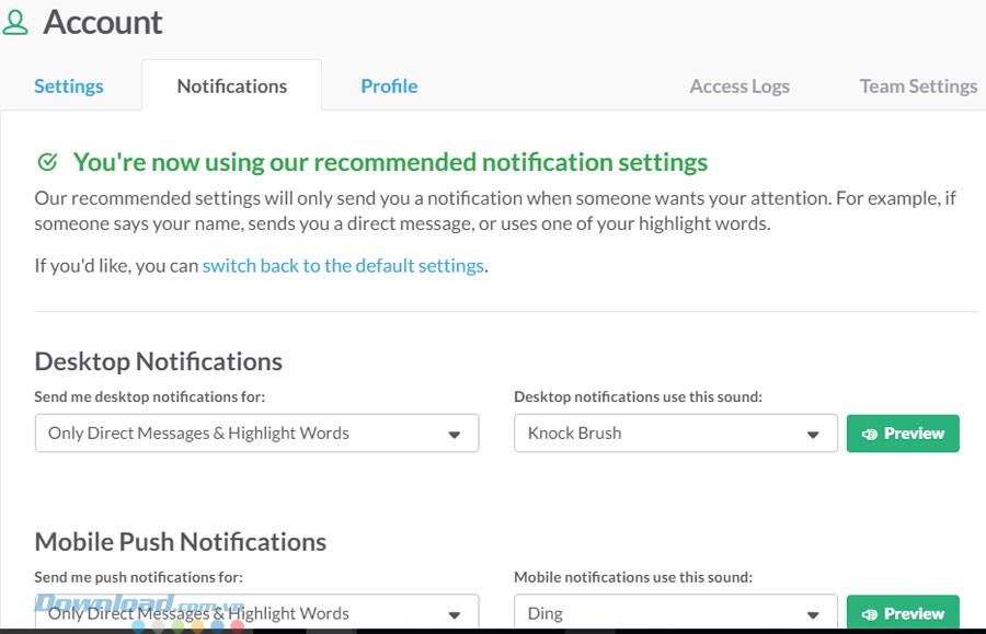 Các lựa chọn thiết lập ứng dụng Slack