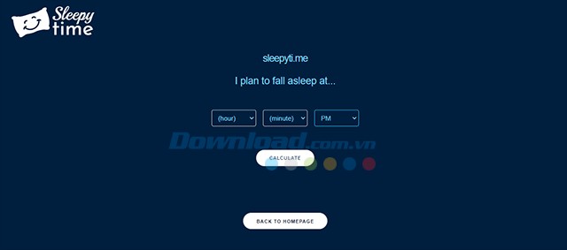 Nhập giờ đi ngủ dự kiến của bạn để Sleepyti Me tính toán giờ thức dậy hợp lý