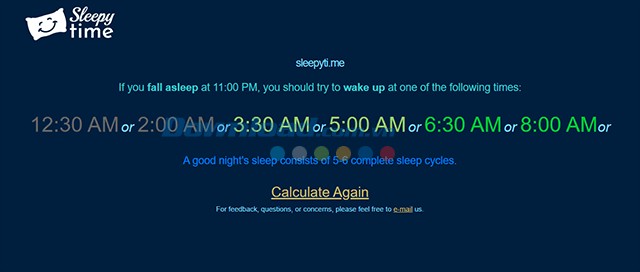 Sleepyti.me sẽ đưa ra các mốc thời gian tỉnh dậy hợp lý để bạn lựa chọn