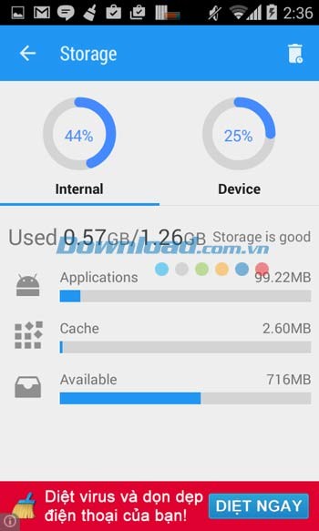 Biểu đồ dung lượng bộ nhớ trong Smart Booster - Free Cleaner