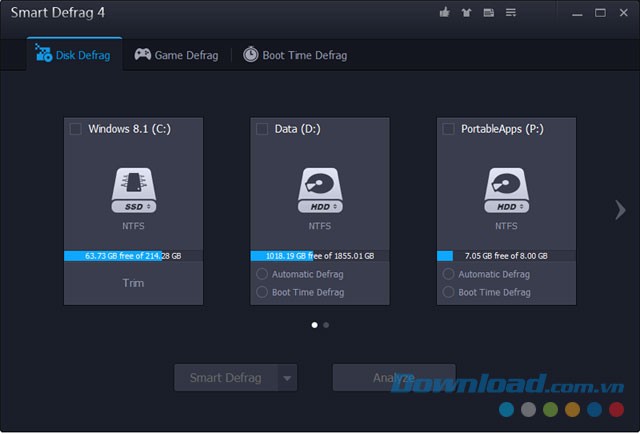Giao diện chính của ứng dụng chống phân mảnh ổ cứng miễn phí Smart Defrag Portable cho máy tính