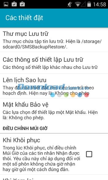 Các thiết lập chính của SMS Backup & Restore