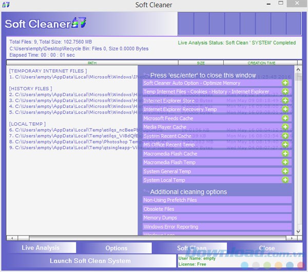 Menu Options của Soft Cleaner