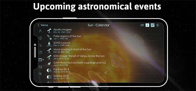 Solar Walk 2 cung cấp thông tin về các sự kiện thiên văn sắp diễn ra