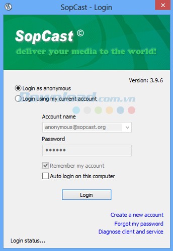 Đăng nhập bằng tài khoản trên SopCast