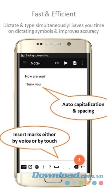 Tự động cách giữa các chữ và sử dụng dấu câu trên bàn phím ảo.