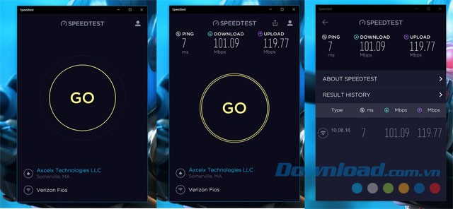 Giao diện chính của ứng dụng kiểm tra tốc độ kết nối mạng Speedtest by Ookla cho Windows 10
