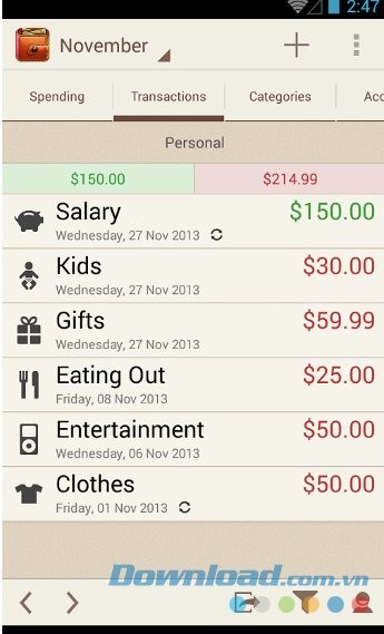 Spending Tracker với giao diện giao dịch khoản chi tiêu
