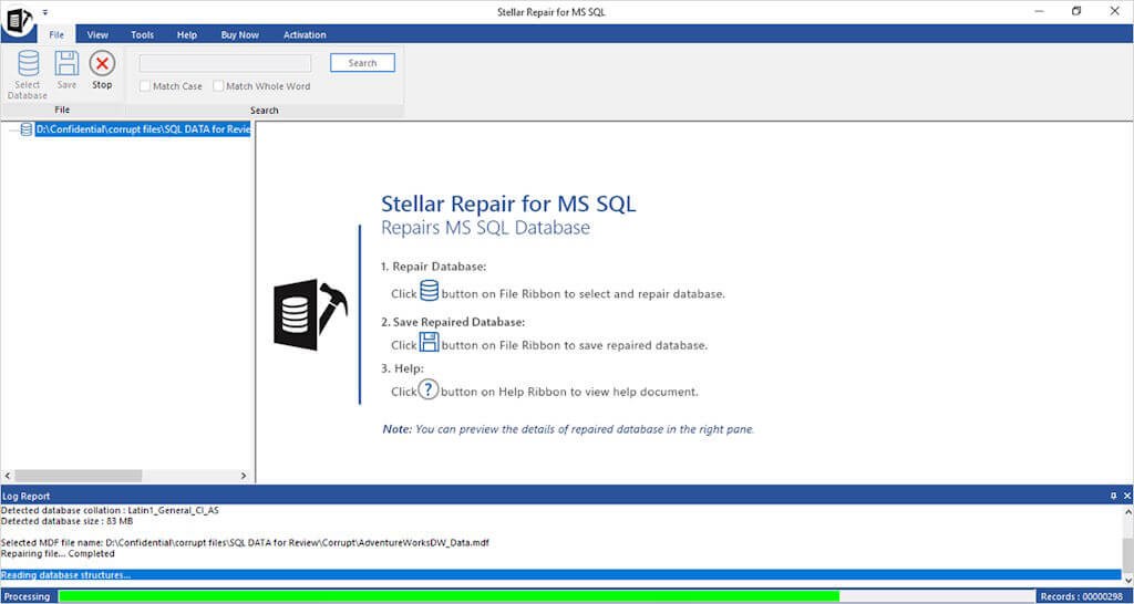 Bước 4: Hiển thị tiến trình sửa chữa tệp cơ sở dữ liệu