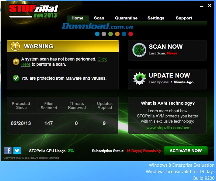 Giao diện chính của STOPzilla AVM 2013