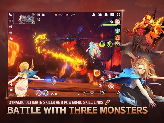 Sử dụng các kỹ năng độc đáo năng động và các liên kết kỹ năng mạnh mẽ để chiến đấu với 3 quái vật trong Summoners War: Chronicles