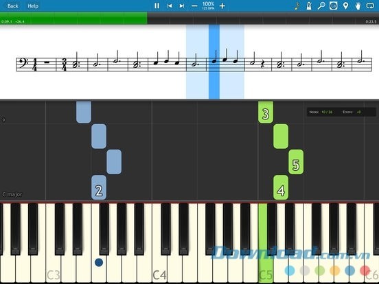 Quan sát vị trí nốt nhạc và gõ phím tương ứng trên giao diện Synthesia cho iOS