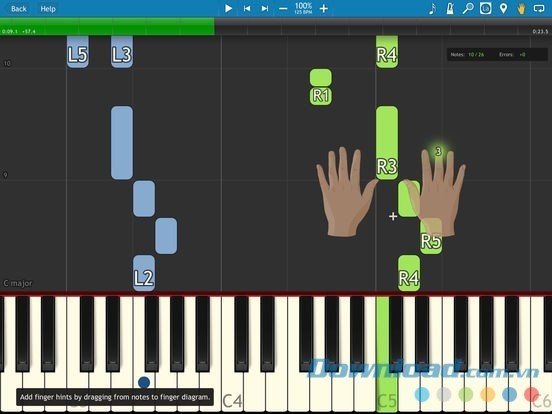 Synthesia cho iOS minh họa hình ảnh trực quan cách để tay lên phím đàn