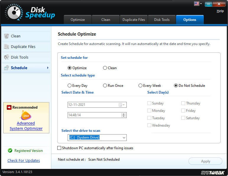 Lập lịch quét hệ thống trên Systweak Disk Speedup