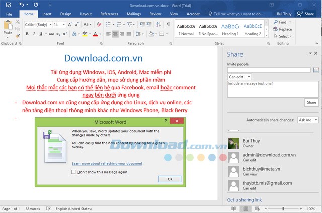 Thông báo khi đóng tài liệu đã được chia sẻ