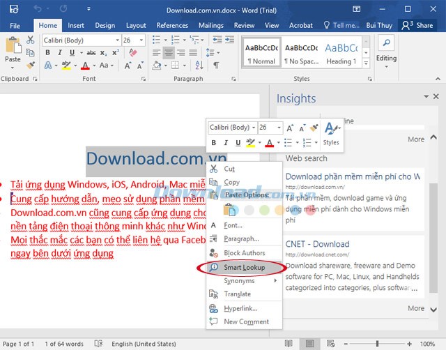 Tính năng Smart Lookup trên Word 2016