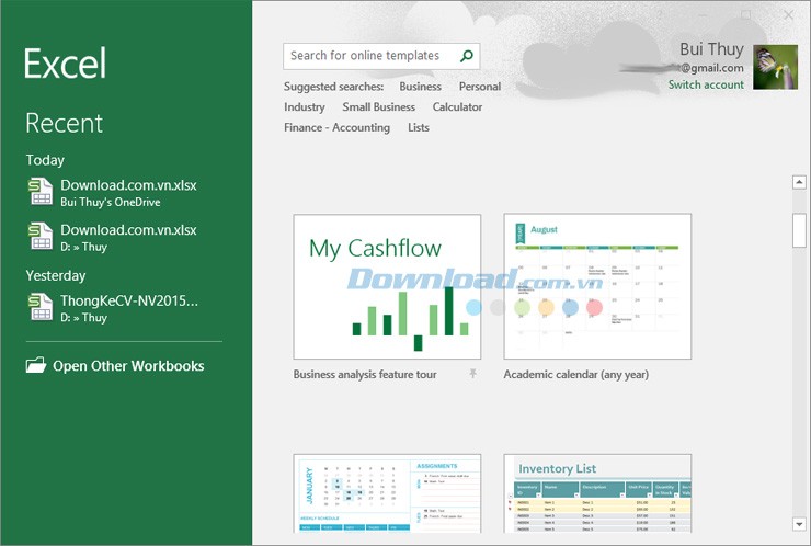 Giao diện khởi động của Excel