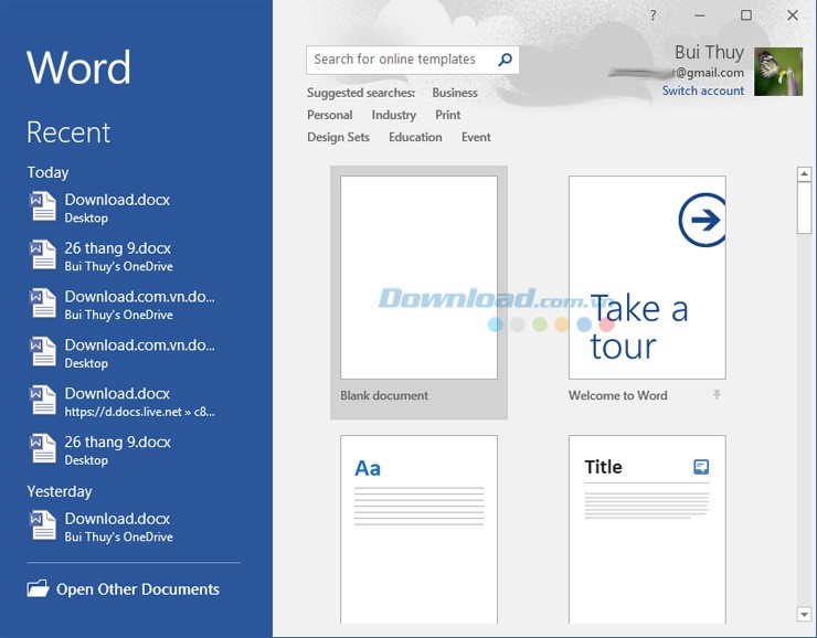 Giao diện Word lúc khởi động xong