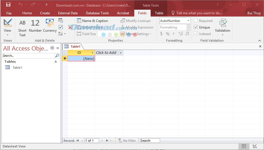 Giao diện Access khi soạn thảo cơ sở dữ liệu