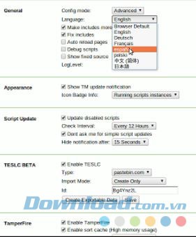 các lựa chọn cài đặt tiện ích