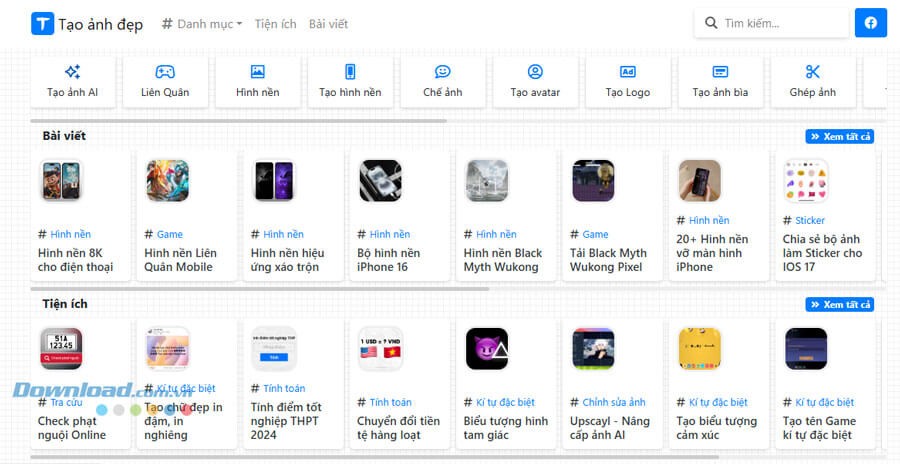 Giao diện chính trang web Tạo Ảnh Đẹp - Hỗ trợ chế ảnh, ghép ảnh trực tuyến