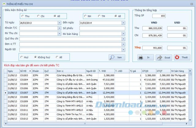 Thống kê phiếu thu chi