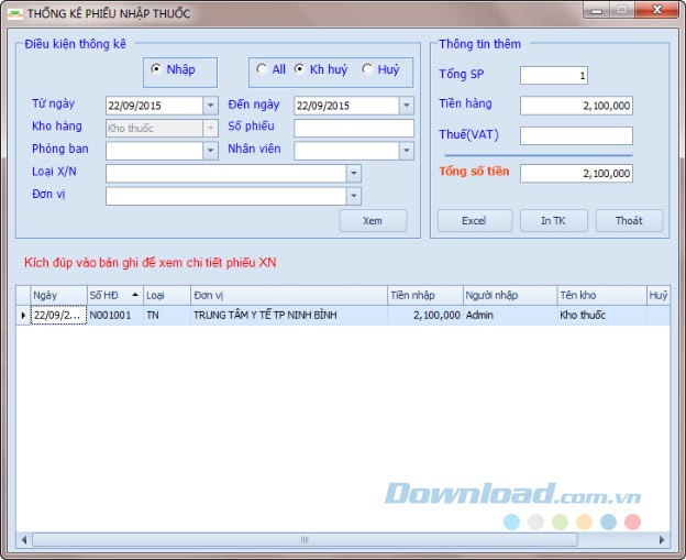 Thống kê phiếu nhập thuốc trong phần mềm TCSoft Medical