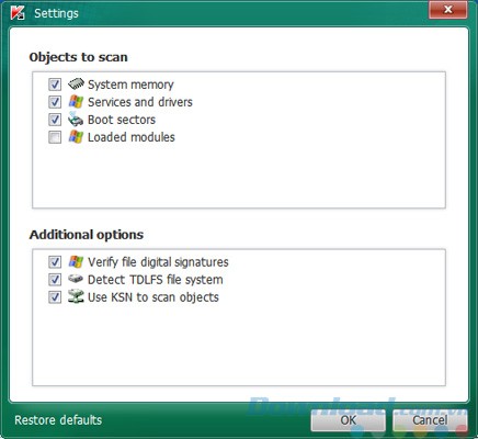 Tùy chọn của Kaspersky TDSSKiller