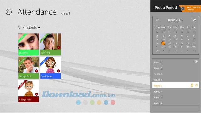 Sử dụng các màu sắc khác nhau để phân biệt trạng thái học tập của học sinh trong ứng dụng giáo dục miễn phí TeacherKit cho máy tính
