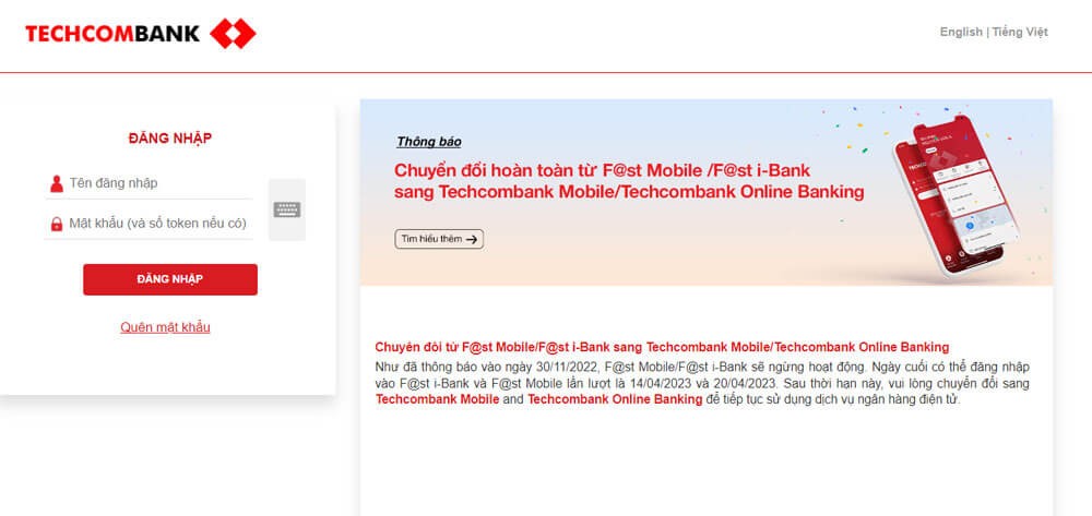 Giao diện đăng nhập tài khoản Techcombank