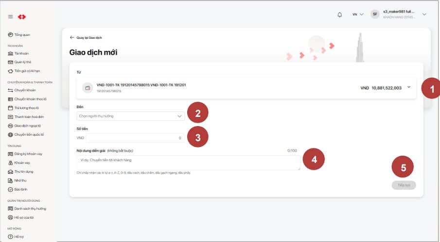Thực hiện giao diện mới trên Techcombank Business
