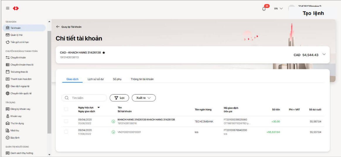 Quản lý tài khoản Techcombank Business