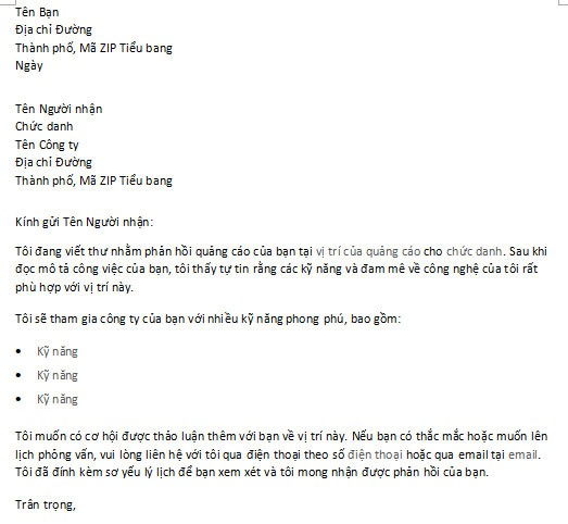 Thư xin việc mẫu phản hồi quảng cáo