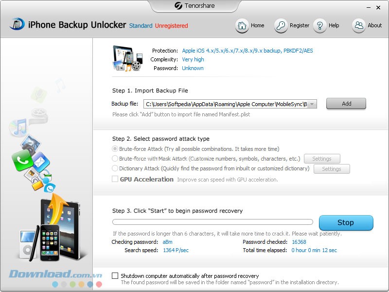 Giao diện phần mềm iPhone Backup Unlocker
