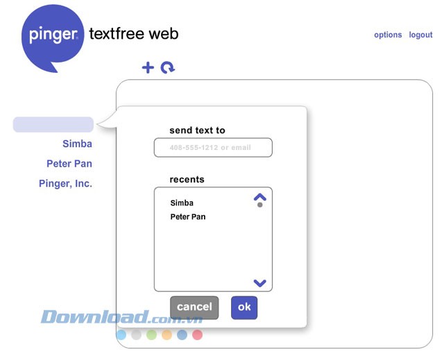 Giao diện ứng dụng chat Textfree Web