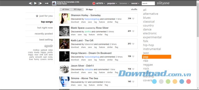 Giao diện chính của trang web nghe nhạc online TheSixtyOne