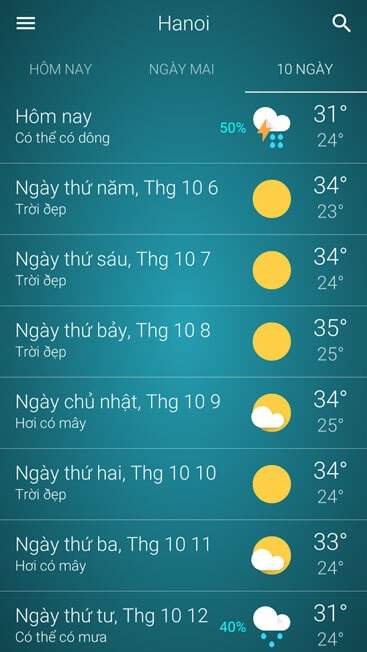 Xem thời tiết 10 ngày tiếp theo