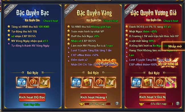 Đặc quyền khi chơi game Tiên Chiến