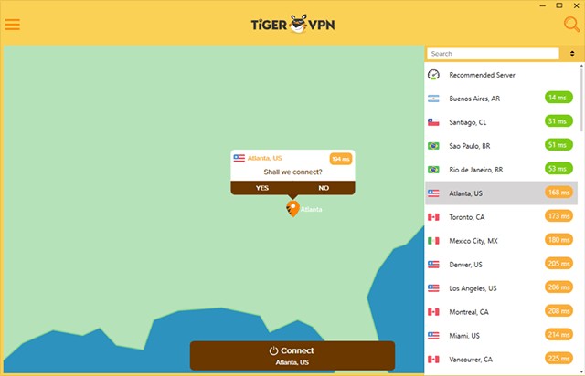 Giao diện trực quan của phần mềm mạng riêng ảo TigerVPN