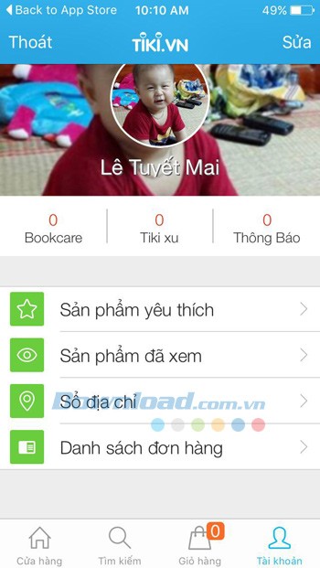 Giao diện trang cá nhân trên Tiki