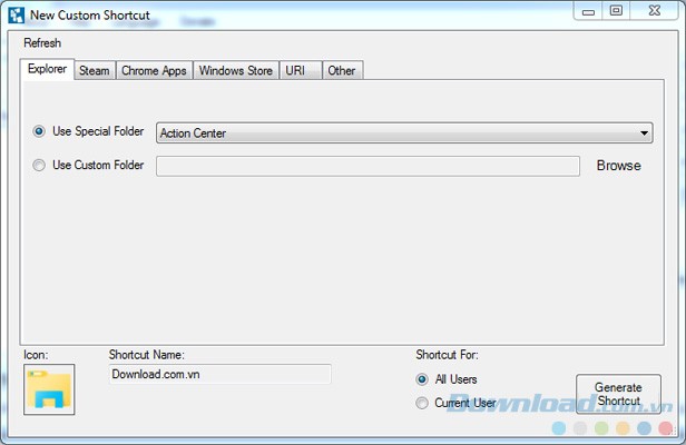 Tạo Shortcut mới trong TileIconifier