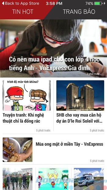 Giao diện trang chủ của ứng dụng Tin mới 24h