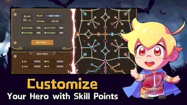 Tùy chỉnh anh hùng của bạn với điểm kỹ năng trong game Tiny Pixel Knight