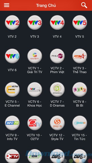 Trang chủ của ứng dụng Tivi K+