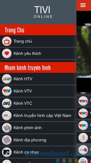 Danh mục chính của ứng dụng Tivi K+