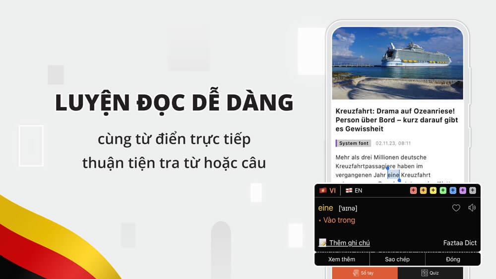 Luyện đọc dễ dàng, từ điển trực tiếp thuận tiện cho việc tra cứu