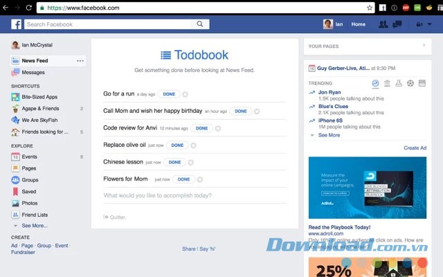 Giao diện chính của tiện ích miễn phí Todobook cho Google Chrome