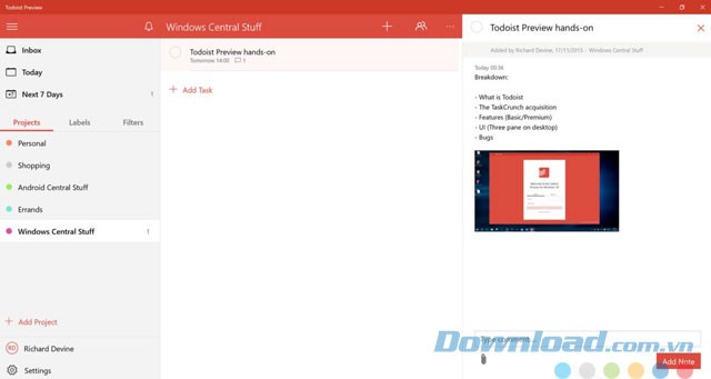 Giao diện ứng dụng Todoist Preview cho Windows 10